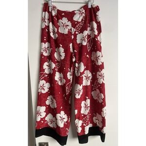 Vtg IDOM Red And White Hibiscus Flower Dressy Rayon Cropped Pants Women's Medium